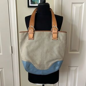 Coach canvas and leather tote bag - large (khaki, tan, light blue)
